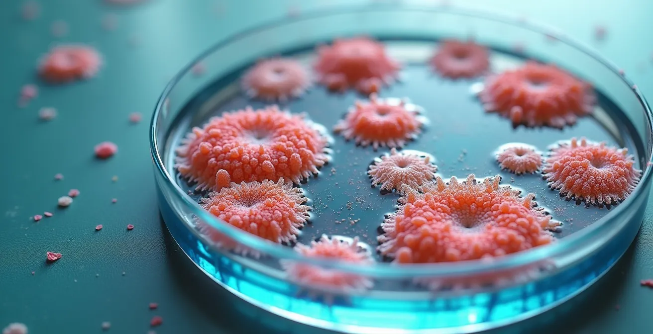 Abstract visualization of bacterial colonies evolving resistance patterns with Montreal hospital architecture in distant background