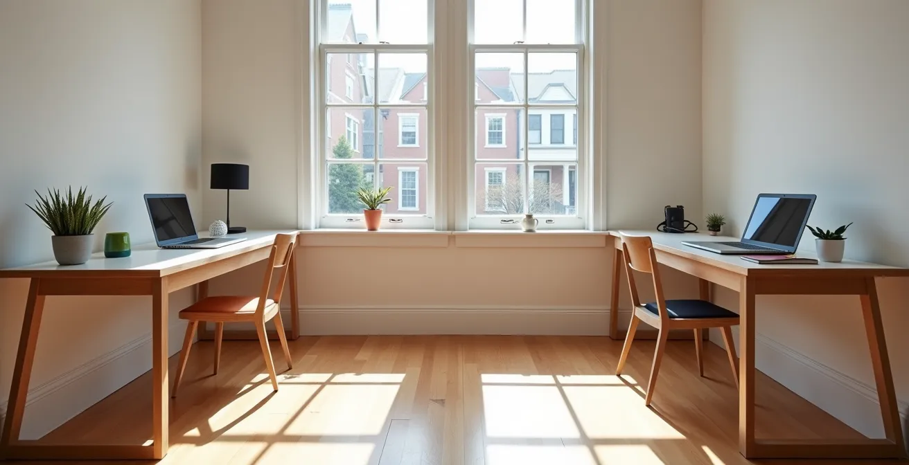 Wide angle view of a modern Montreal home office space with abstract visual elements suggesting coordination and flow between workspaces