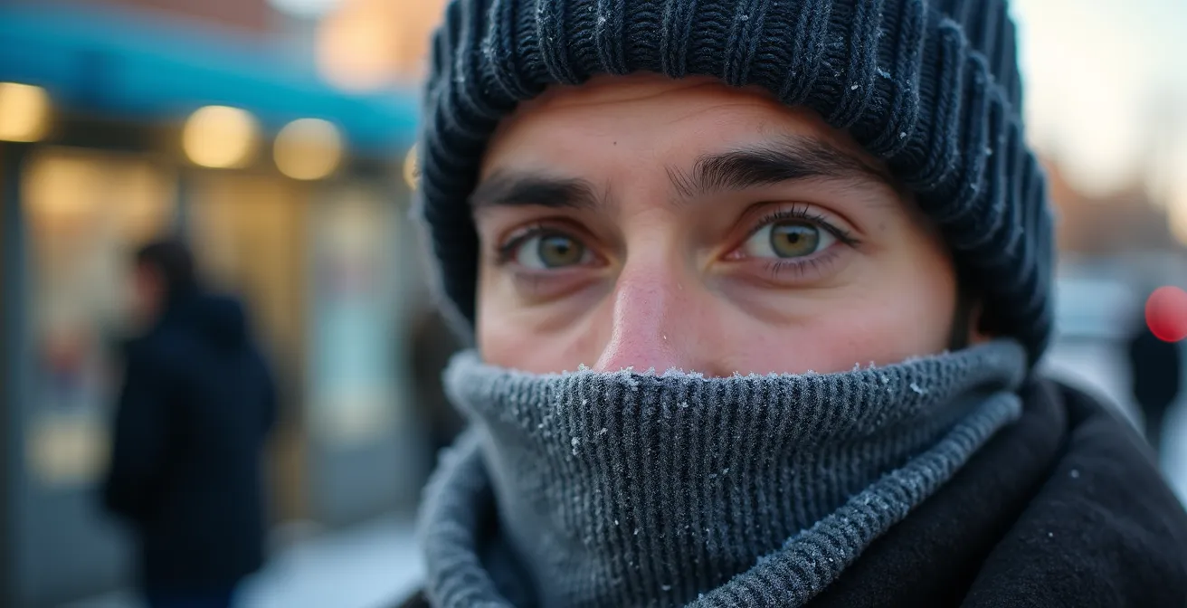 Person wearing protective face covering against cold air in Montreal winter