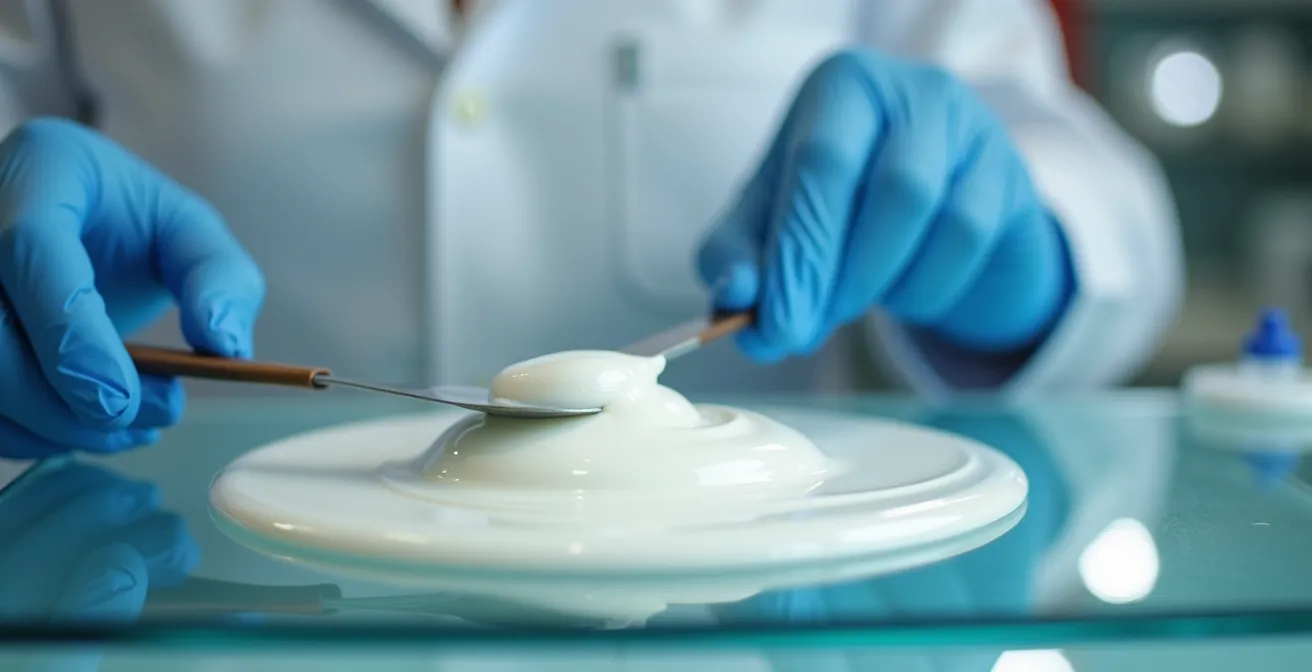 Pharmacist preparing custom compounded cream in sterile environment