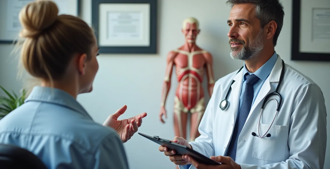 Professional medical consultation in a Quebec healthcare facility, showing a doctor and patient in respectful dialogue.