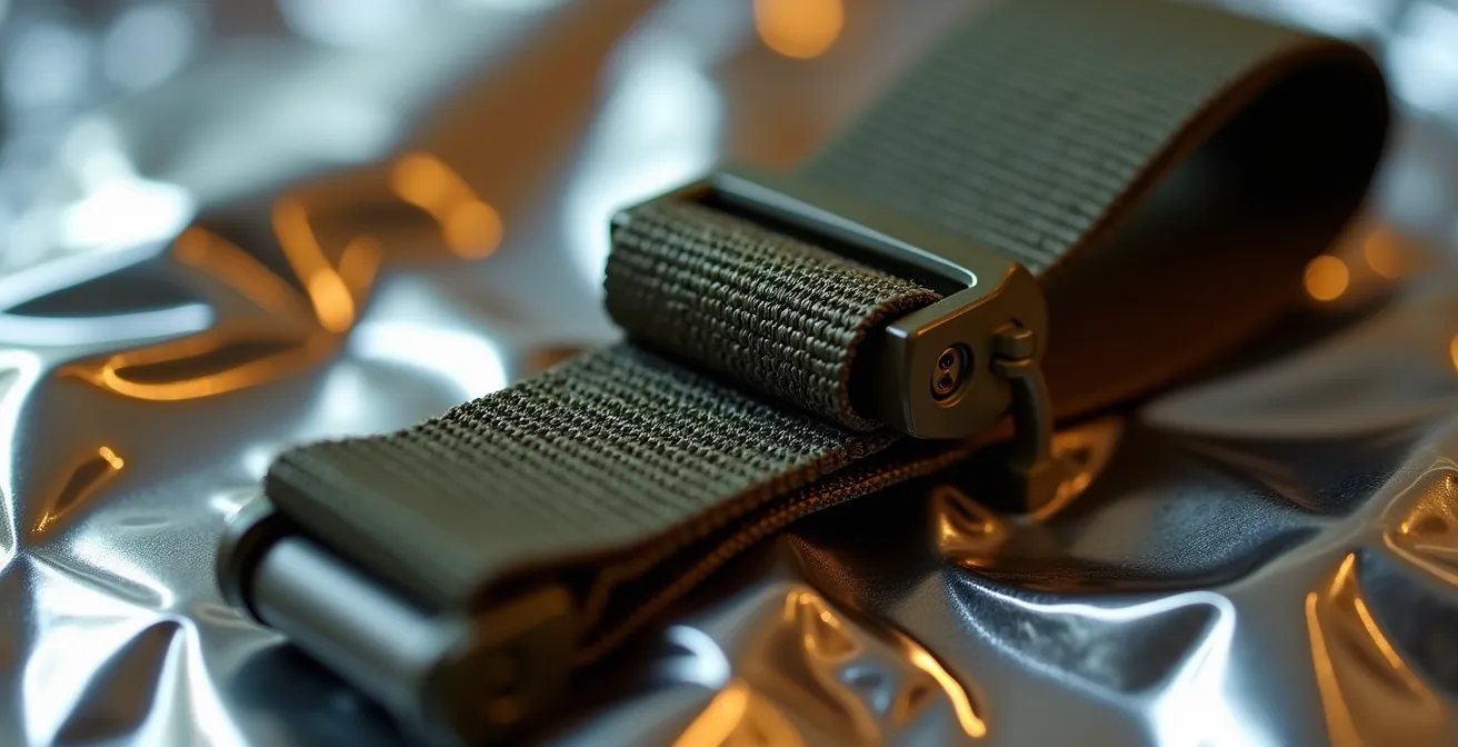 Extreme close-up macro shot of commercial tourniquet and emergency supplies with selective focus