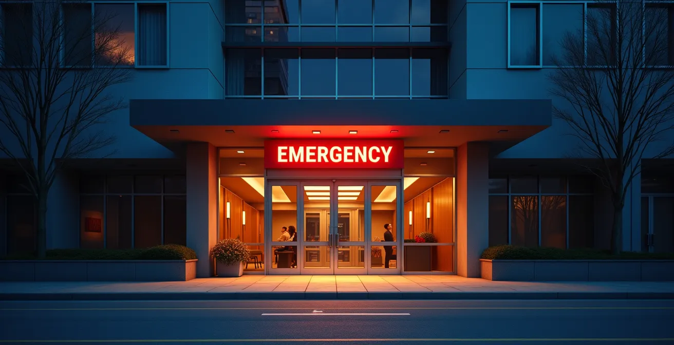Hospital emergency entrance at dusk with clear signage in Montreal