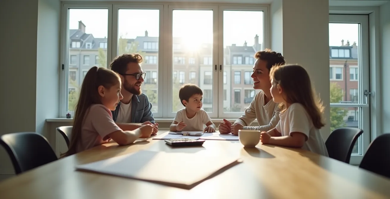 Family of four discussing budget calculations at dining table with insurance documents
