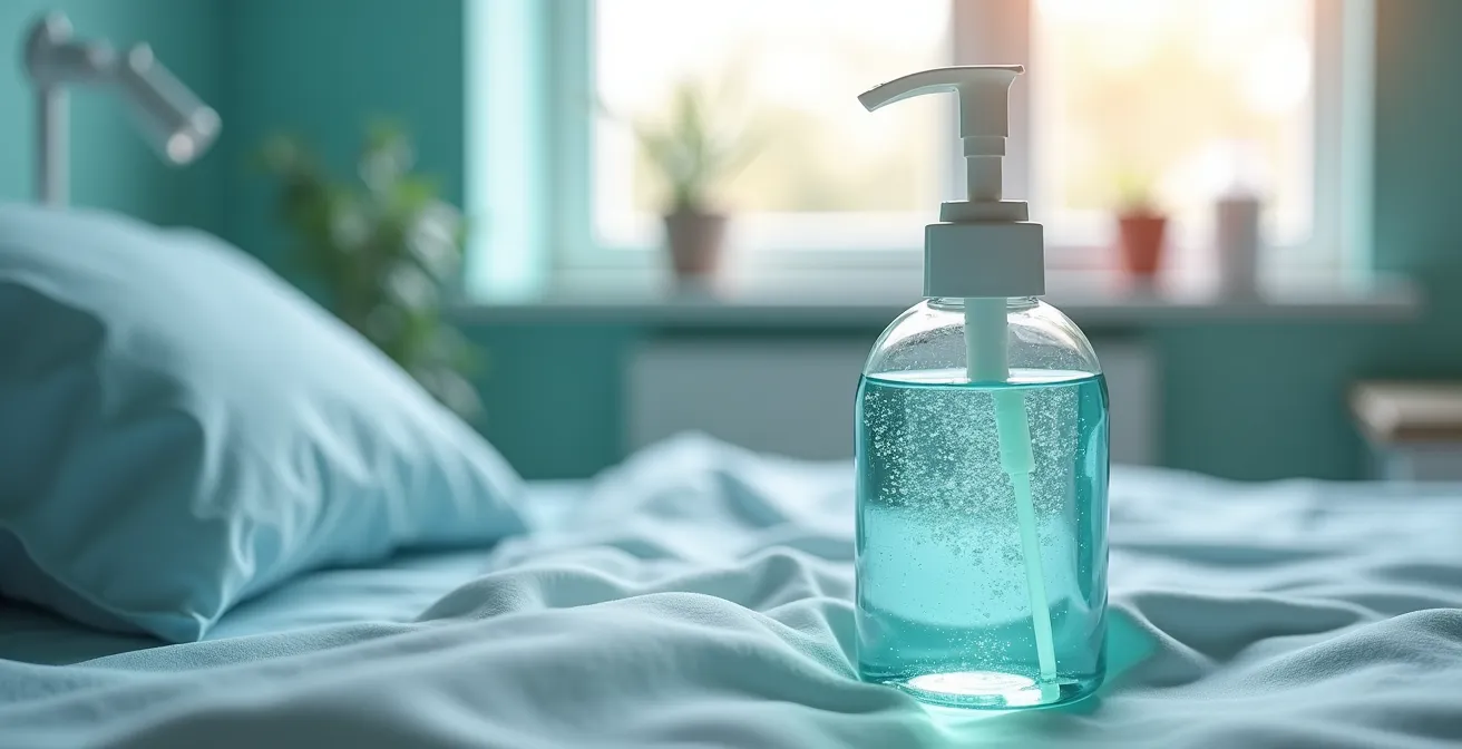 Close-up of hand sanitizer bottle on hospital bedside table with soft focus background