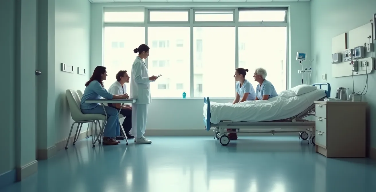Wide view of hospital room with family and healthcare team discussing discharge plans