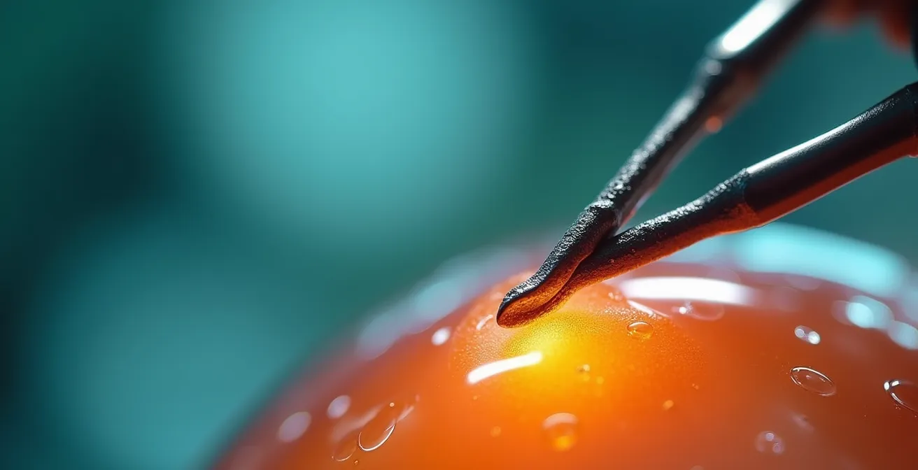 Extreme close-up of robotic microsurgical instrument performing delicate retinal membrane peeling