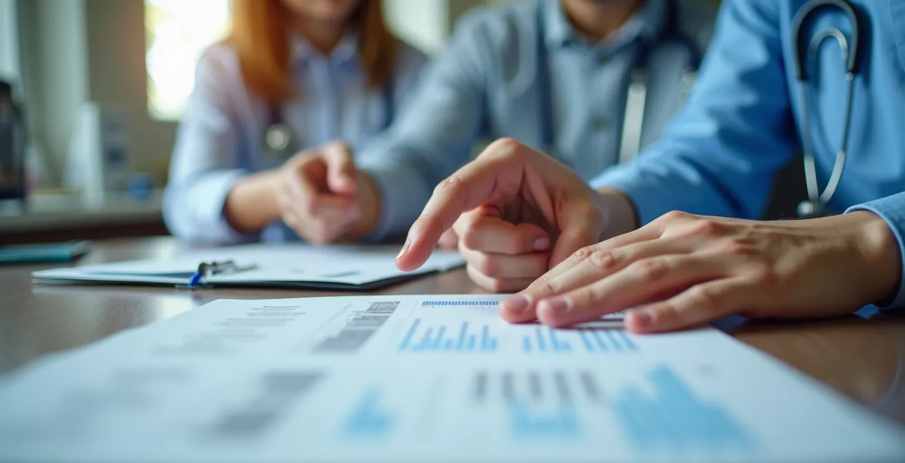 Healthcare professional and patient reviewing billing statement in Montreal medical office