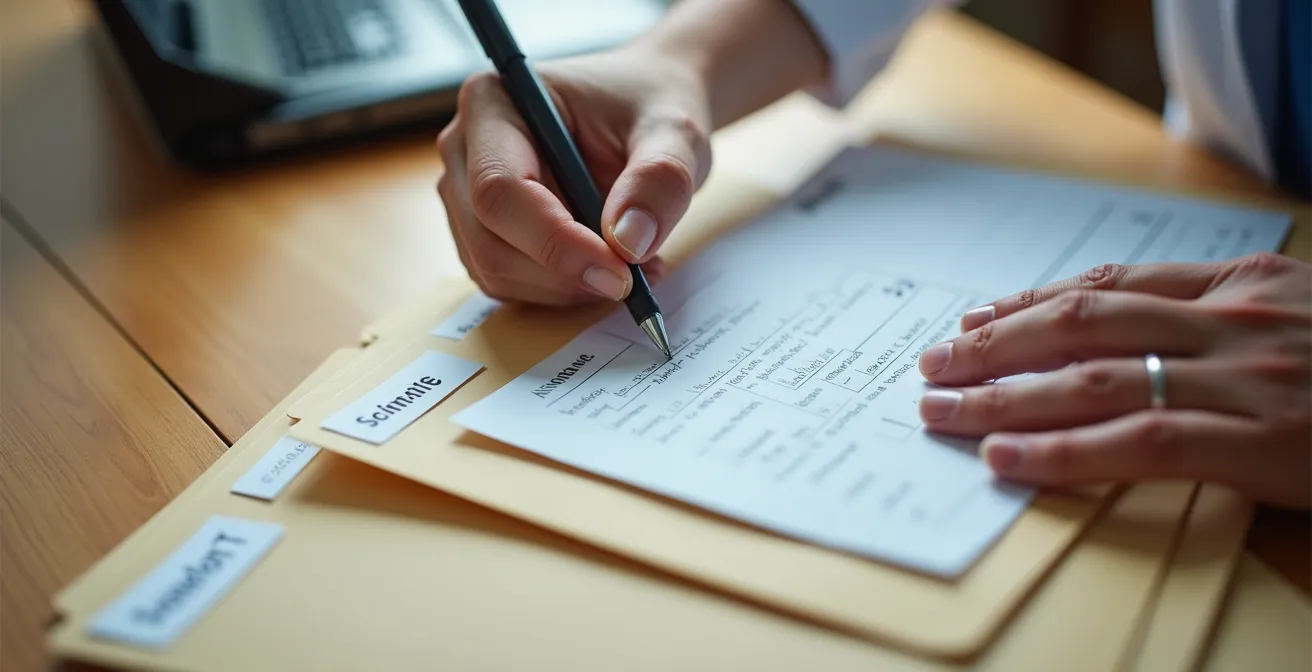Close-up of organized medical documents and evidence collection materials on a desk.