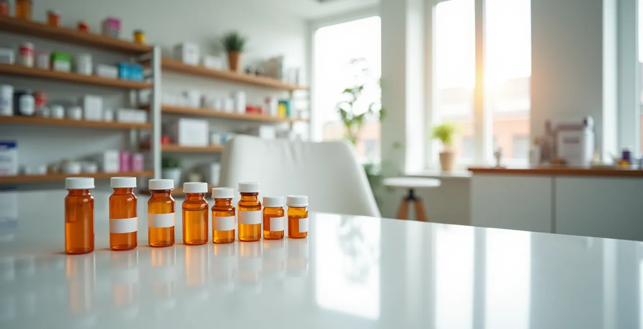 Wide angle view of pharmacy consultation area with medication bottles arranged on counter