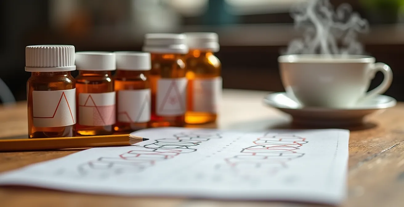 Macro shot of medication bottles and tracking chart on Quebec kitchen table