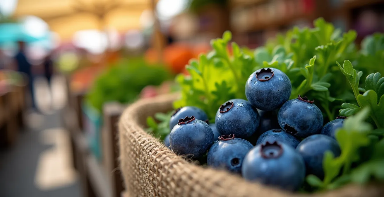 Fresh organic Quebec produce arranged at Jean-Talon Market with a focus on respiratory health foods like berries and leafy greens.