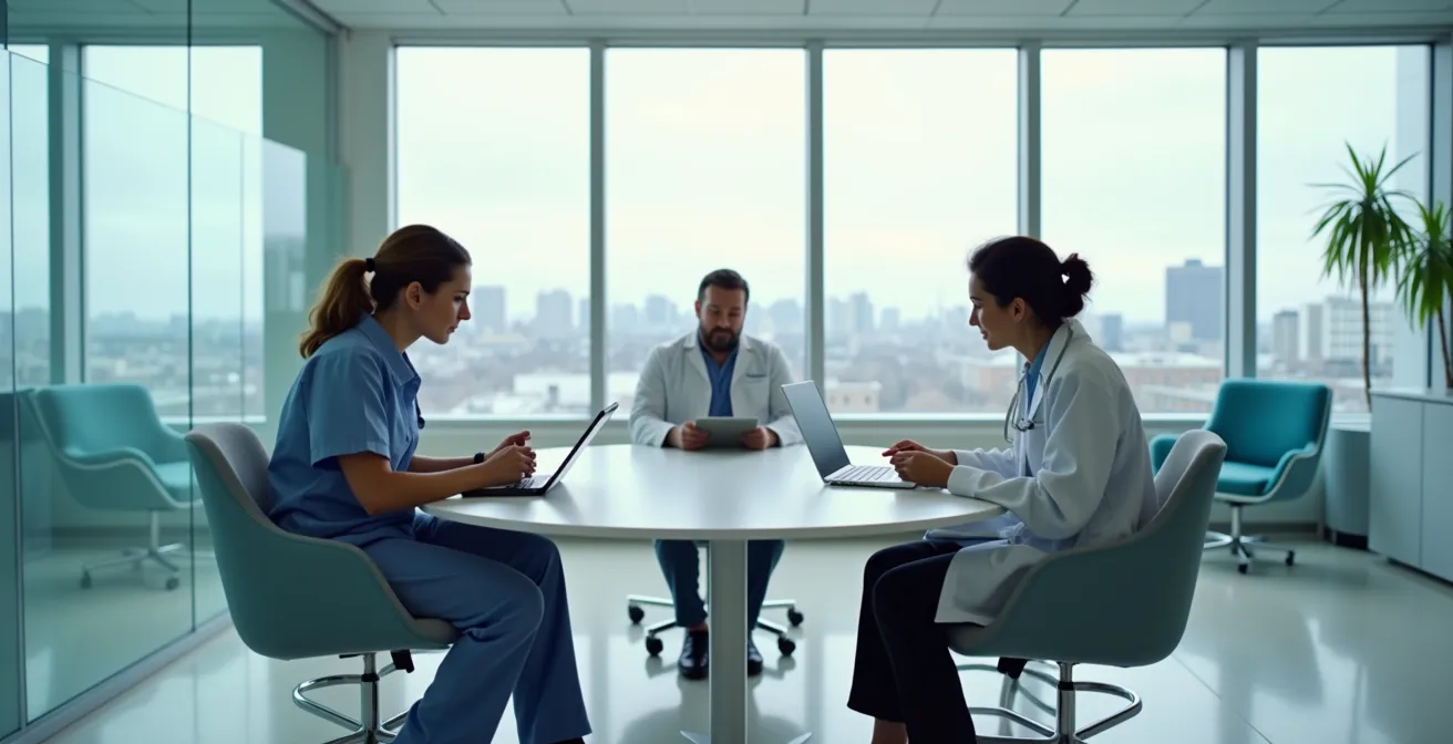 Healthcare professionals coordinating patient care through digital health records in Montreal hospital setting