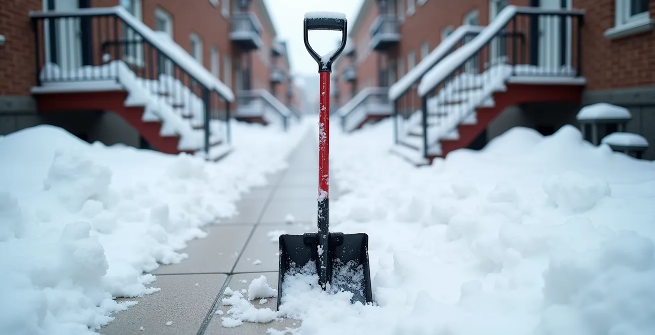 Safe snow shoveling technique demonstration in Montreal residential area