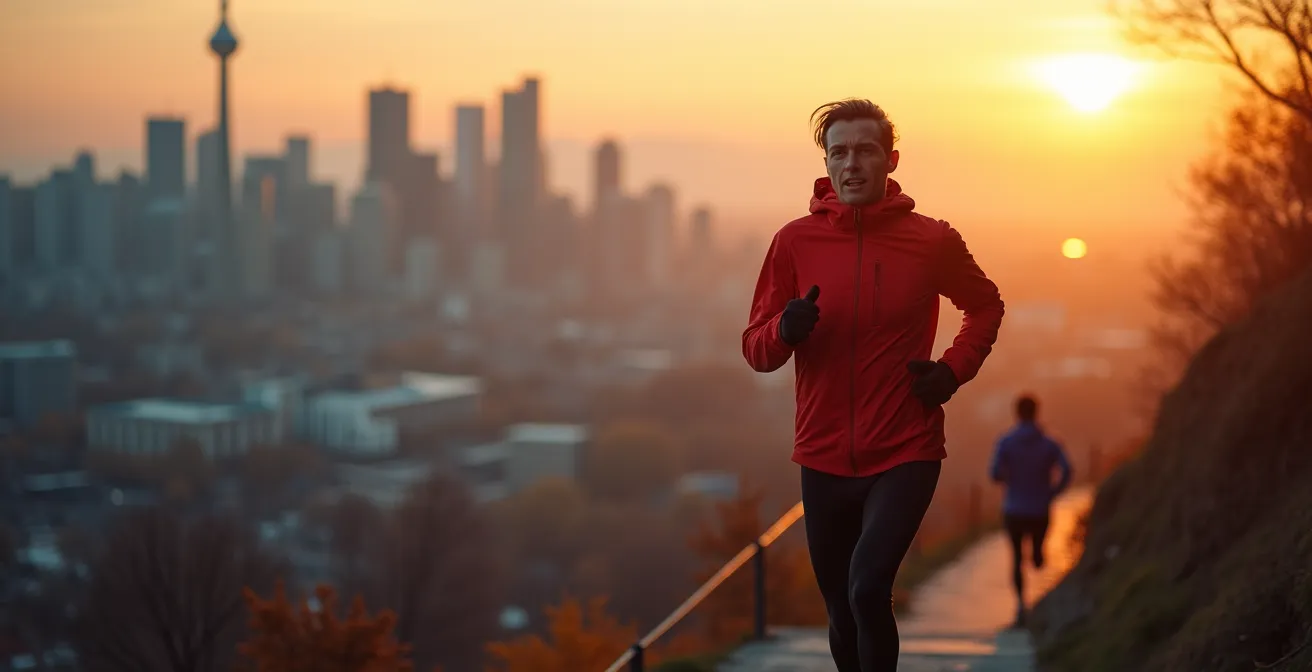 An early morning jogger ascends the stairs on Mount Royal, with the Montreal cityscape visible in the soft light of dawn.