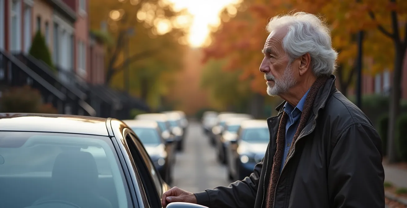 Senior carefully inspecting vehicle in Montreal residential area after cardiac recovery