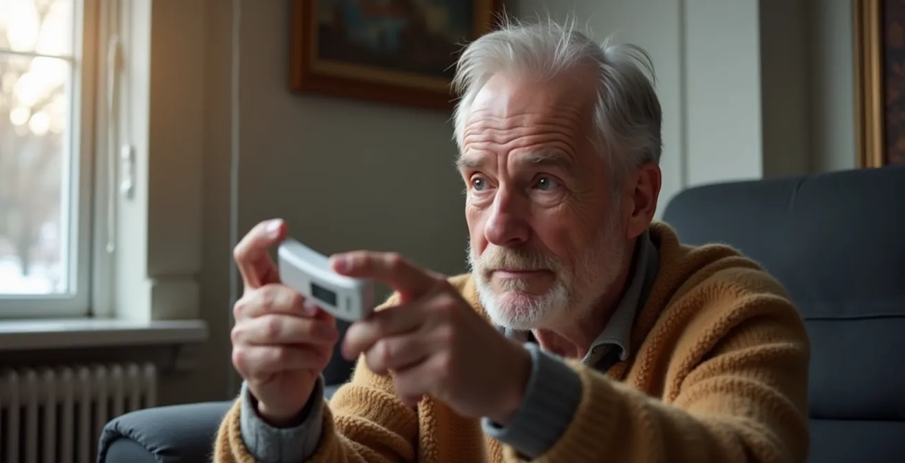 Person holding a handheld remote control device while sitting comfortably in a living room setting