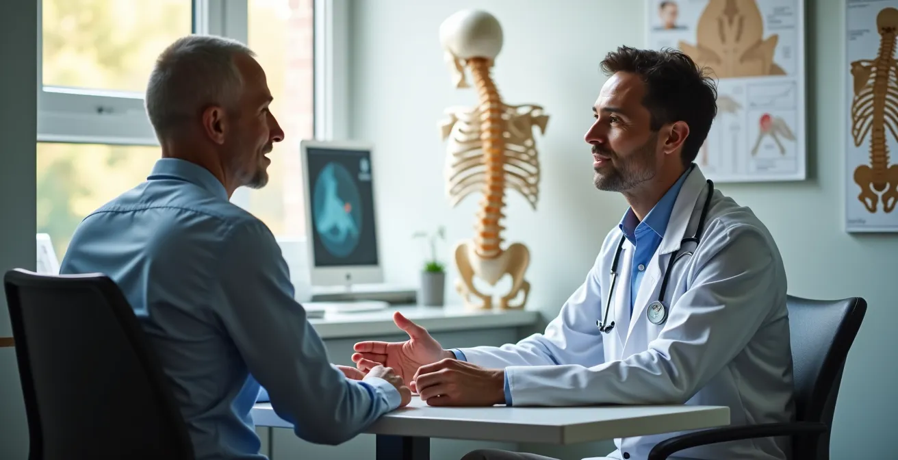 Medical consultation between spine surgeon and patient in private clinic setting