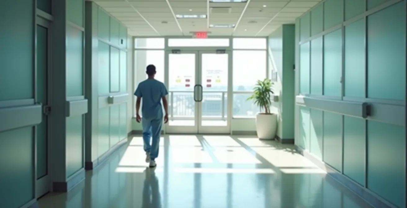 Wide shot of a patient walking through a modern hospital corridor with directional signs showing the pathway to pain management