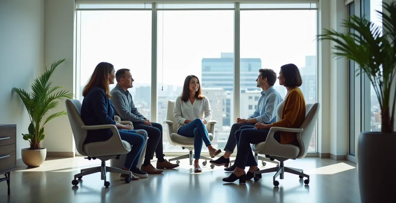 A warm support group discussion in a Montreal hospital setting