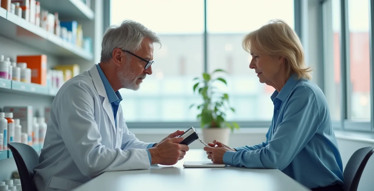 Pharmacist educating diabetes patient about glucose monitoring