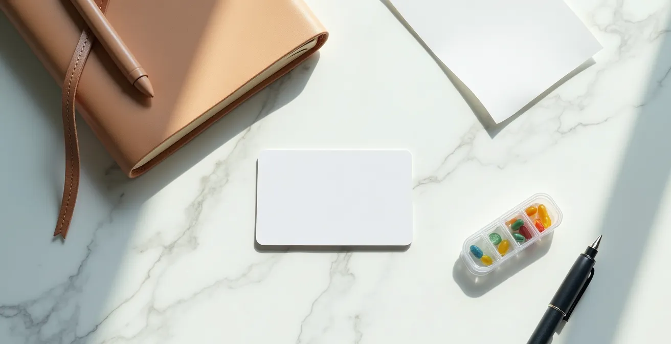 Overhead view of organized healthcare documents and cards on a clean surface