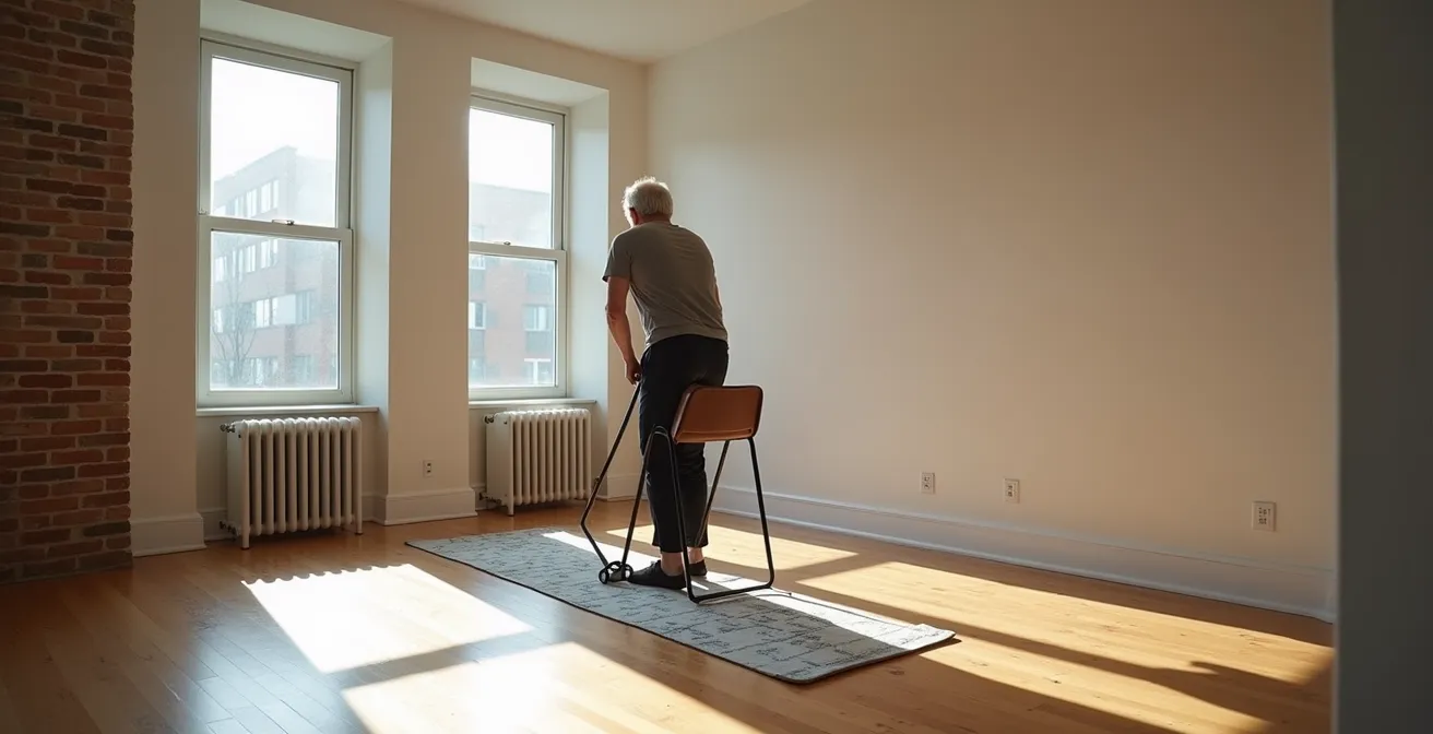 Senior performing quadriceps strengthening exercises with a resistance band in a bright Montreal apartment.
