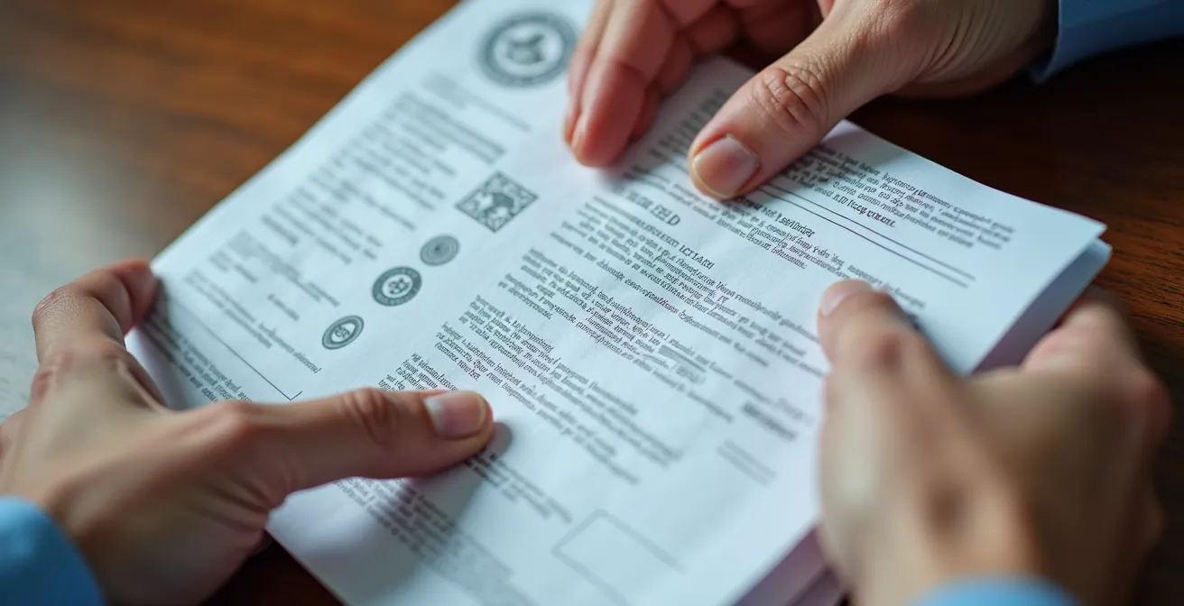 Close-up of hands checking official Quebec medical certification documents