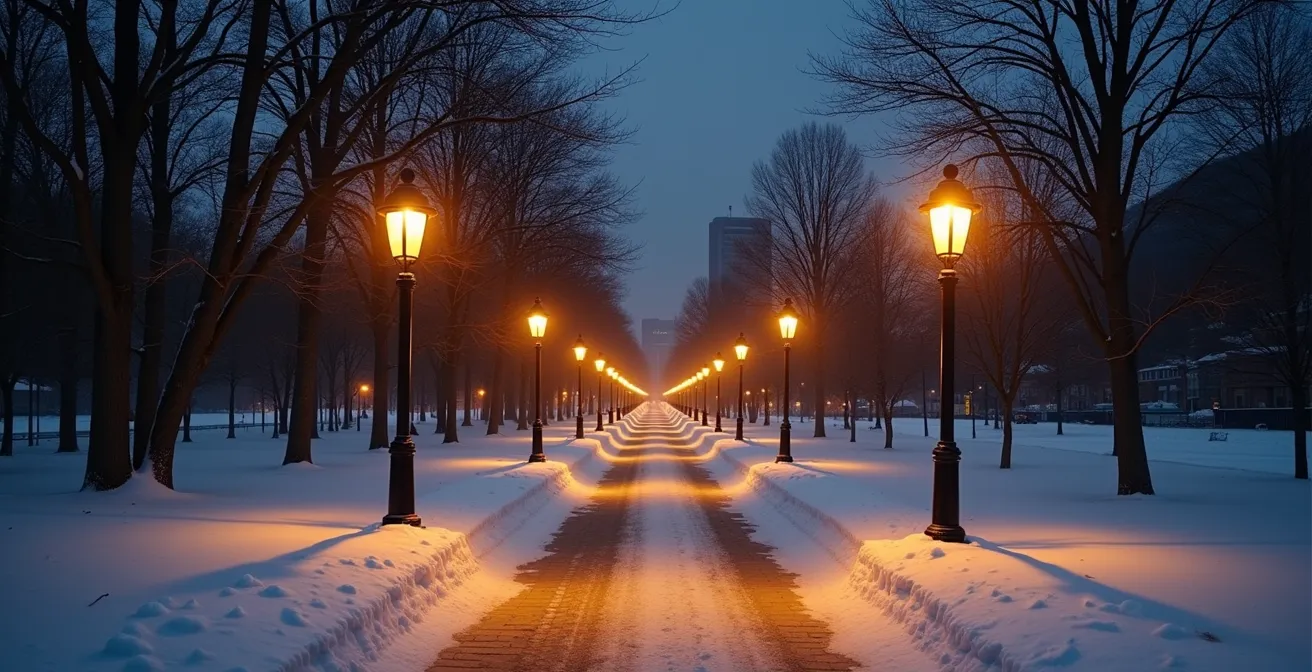 Visual guide showing Quebec mental health support pathway in a snowy Montreal park setting