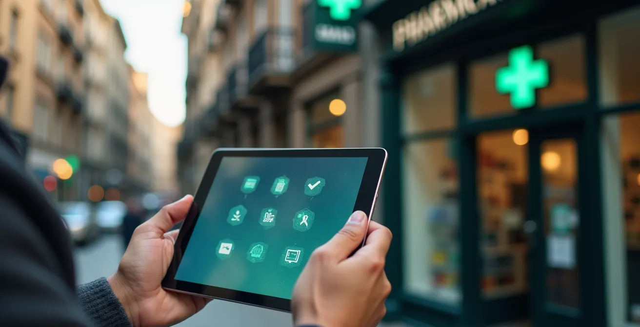 Hands holding a tablet displaying abstract verification symbols with Montreal pharmacy storefront in soft focus background