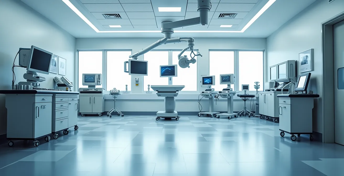 Wide angle view of robotic surgical setup in modern operating room