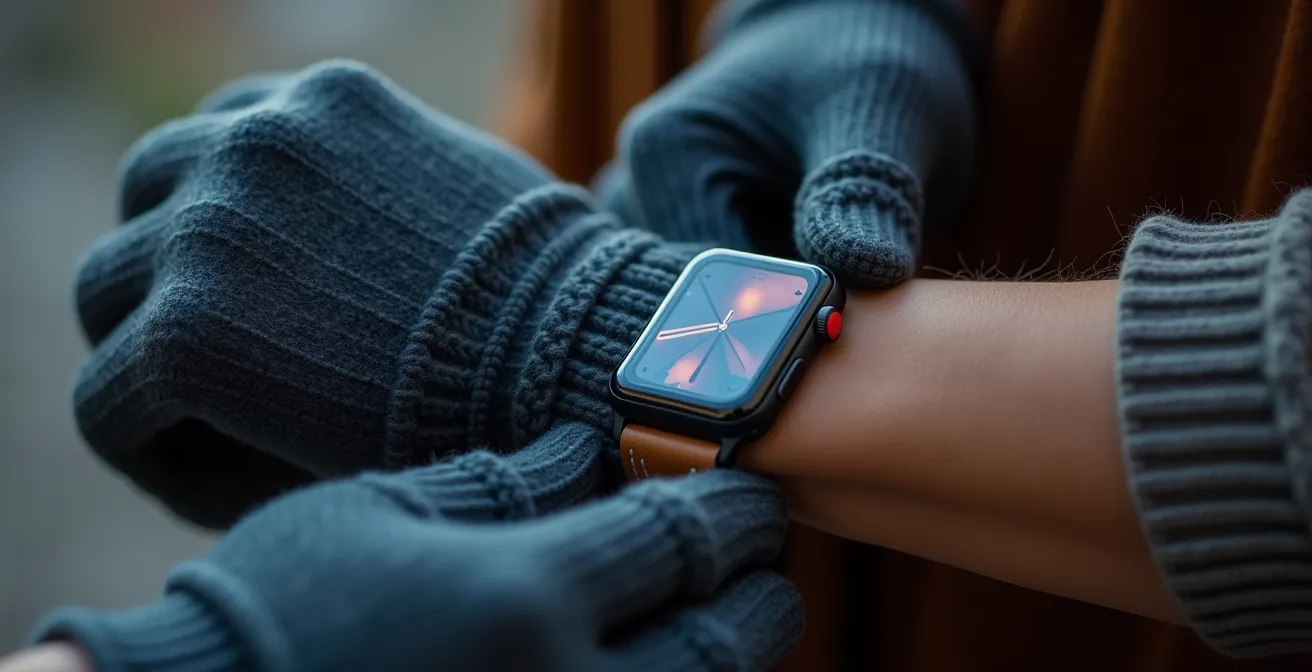 Close-up of hands with winter gloves using smartwatch ECG feature