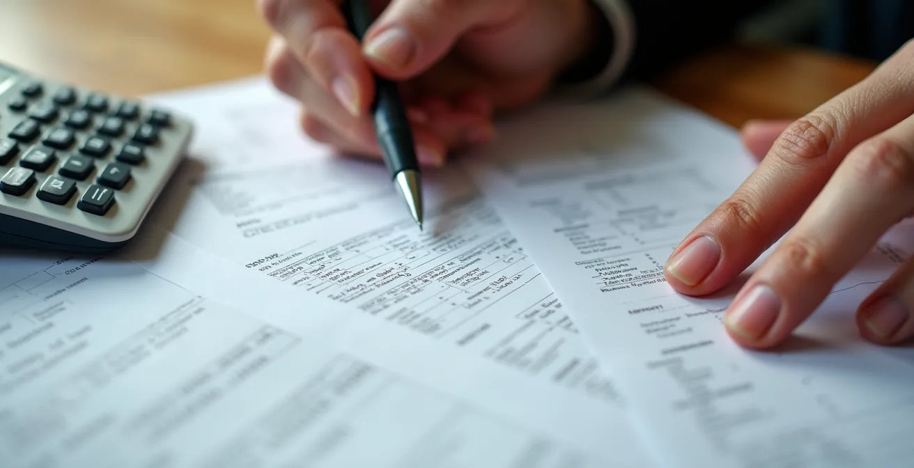 Close-up of hands filling tax forms with calculator nearby
