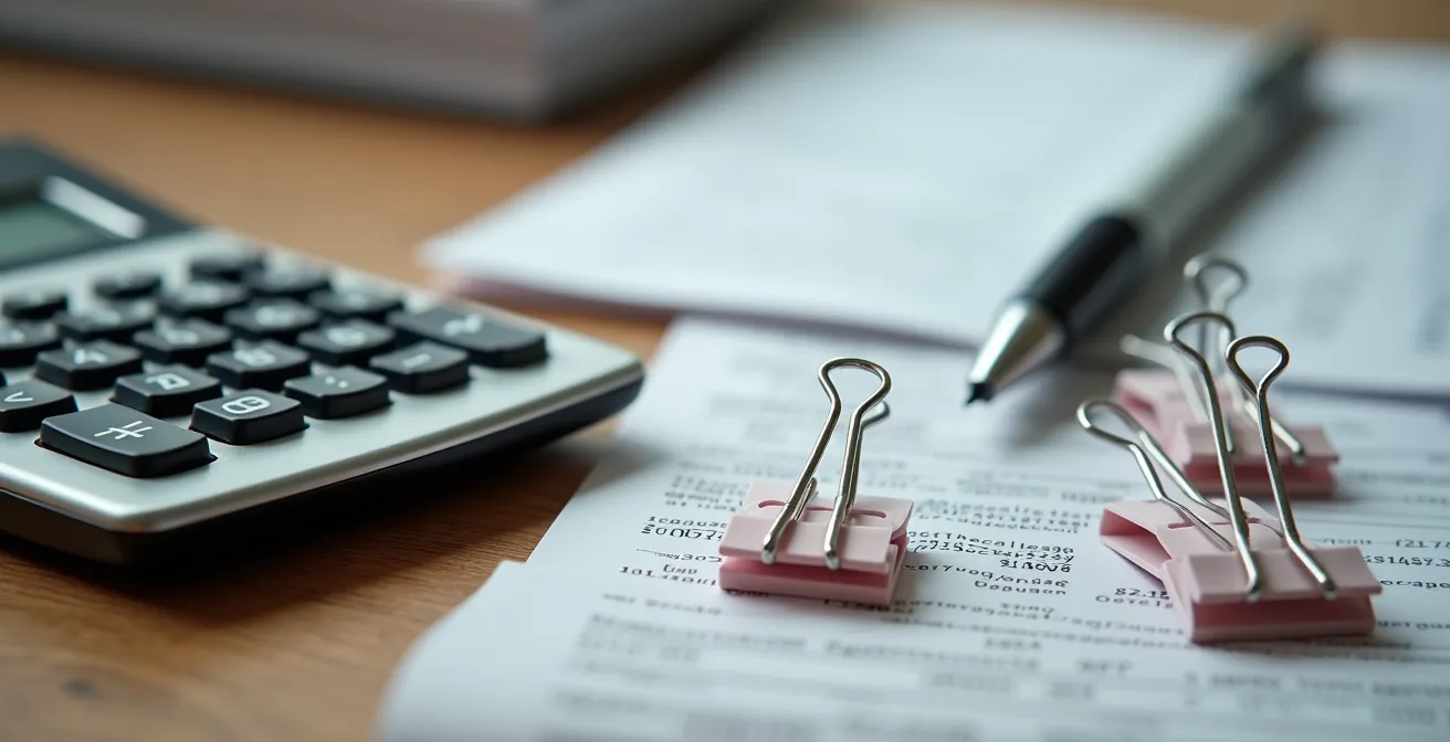 Organized medical receipts and calculator on Quebec tax preparation desk