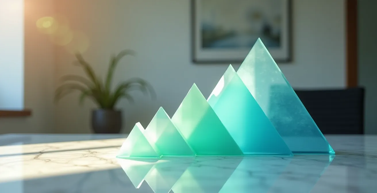 Abstract visualization of tiered mental health coverage levels shown through ascending geometric shapes in calming blues and greens