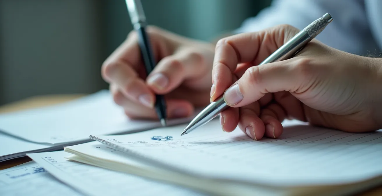 Close-up of hands writing in cancer symptom diary with Quebec healthcare materials