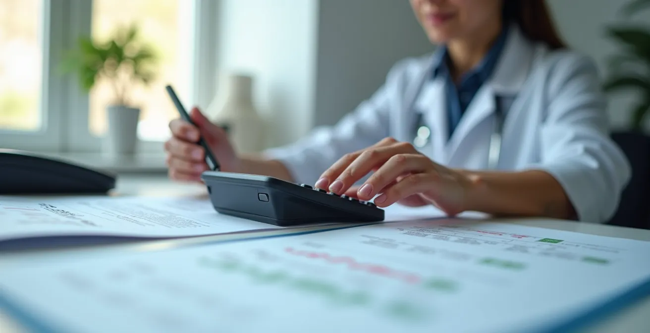 Healthcare professional calculating vitamin D dosage based on patient weight and lifestyle factors