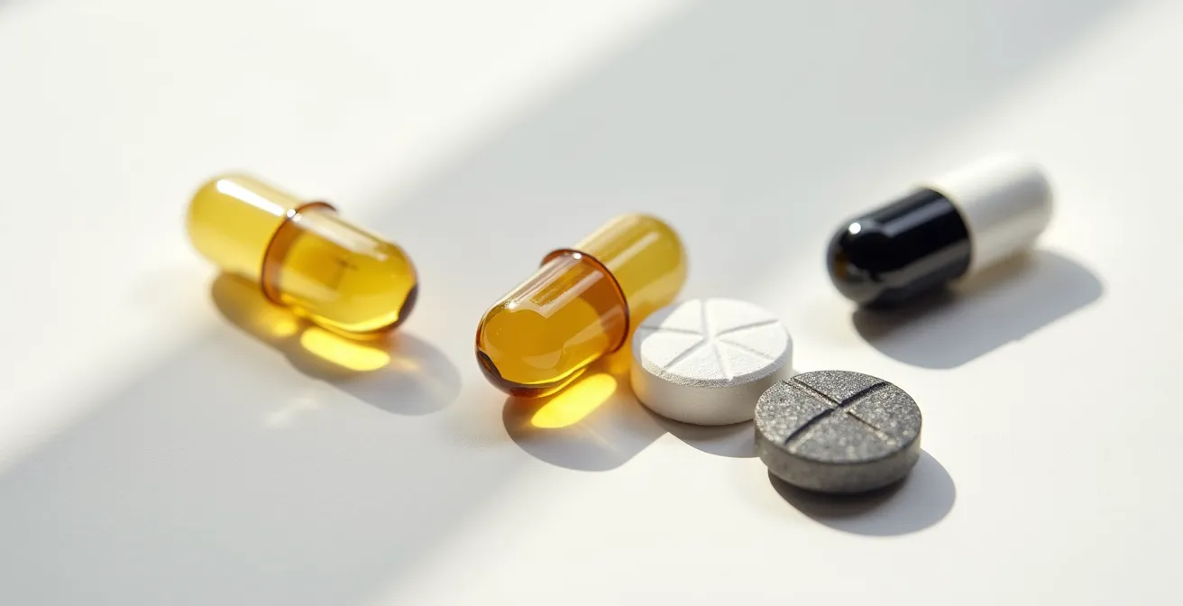 Three supplement bottles arranged showing vitamin D3, K2 and magnesium combination