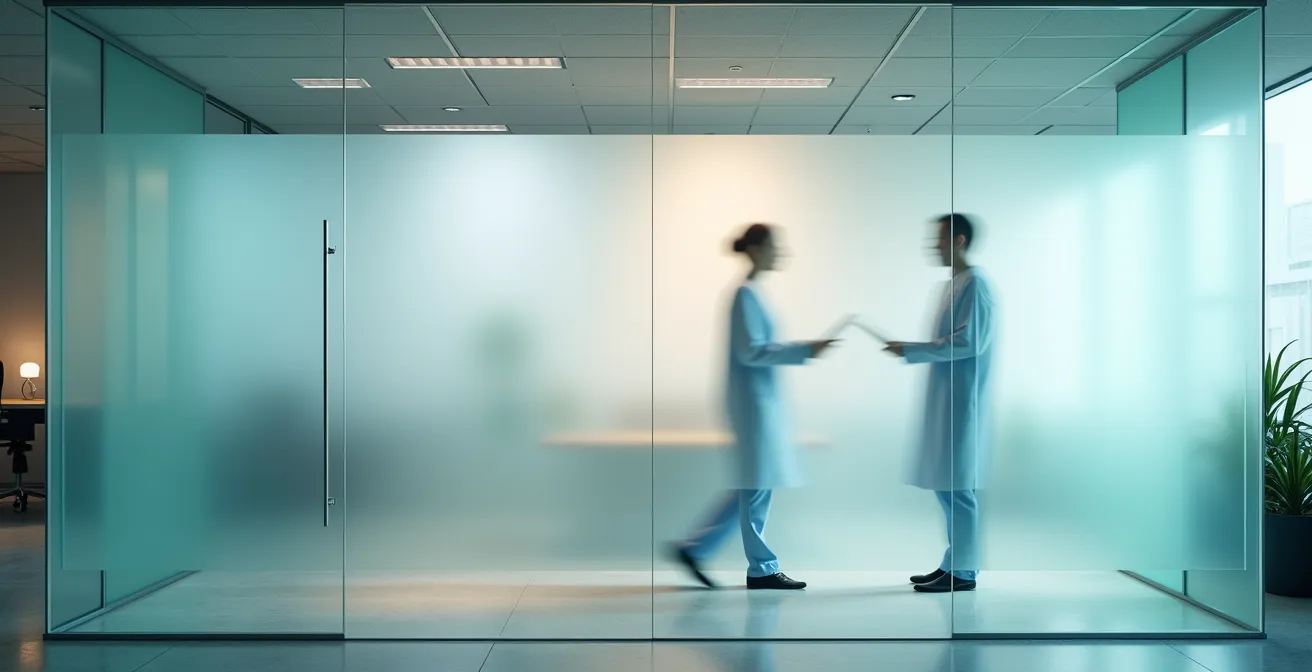 Abstract representation of workplace privacy boundaries with a symbolic barrier between office and medical spaces in Montreal