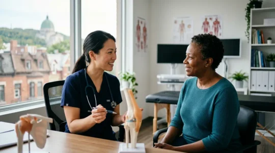 Montreal healthcare professional performing preventive assessment in modern clinic