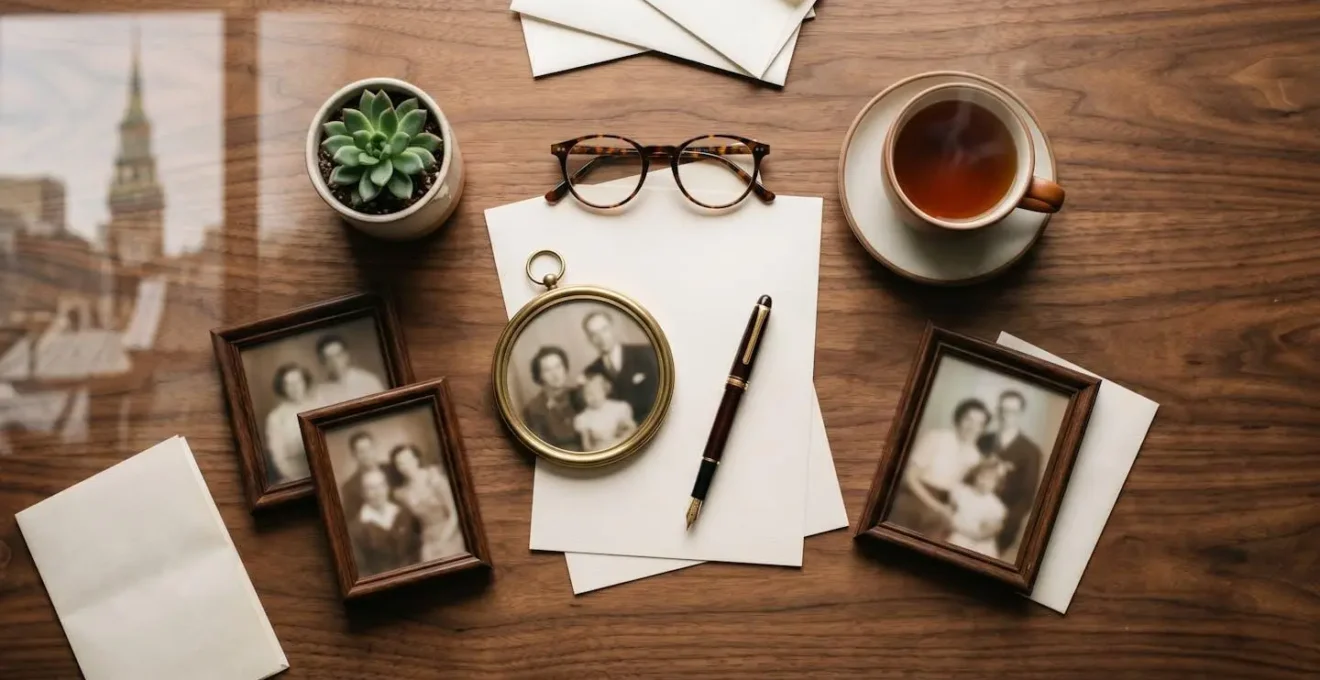 Legal documents and family photos on wooden table in soft natural light
