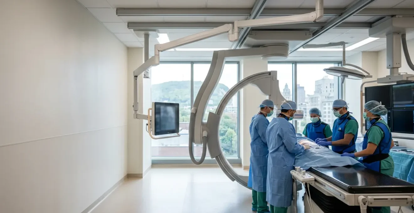 Modern cardiac catheterization laboratory with medical team performing minimally invasive heart procedure