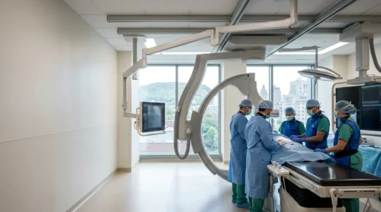 Modern cardiac catheterization laboratory with medical team performing minimally invasive heart procedure