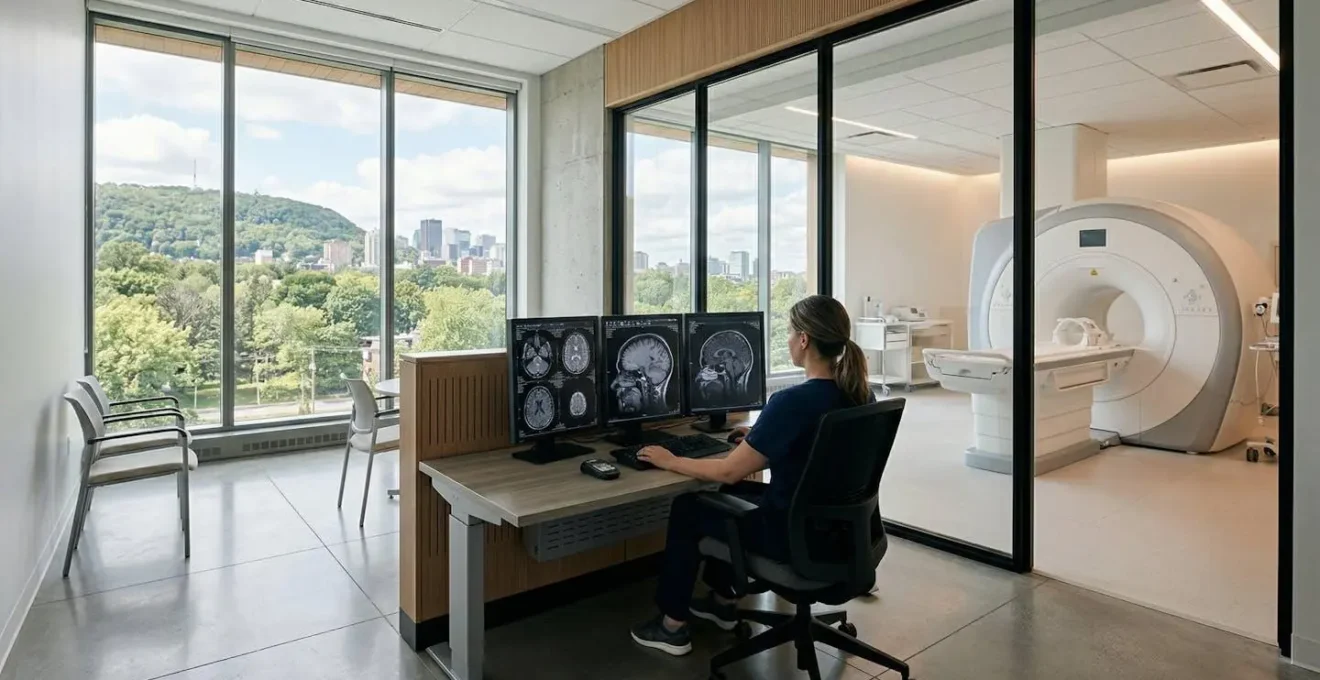 Side-by-side comparison of MRI brain scans at different magnetic field strengths in a Montreal medical facility