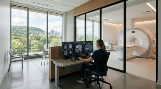 Side-by-side comparison of MRI brain scans at different magnetic field strengths in a Montreal medical facility
