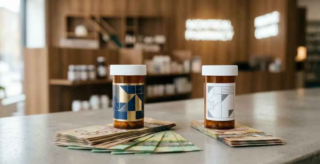 Editorial photograph comparing brand name and generic medications with Canadian pharmacy context