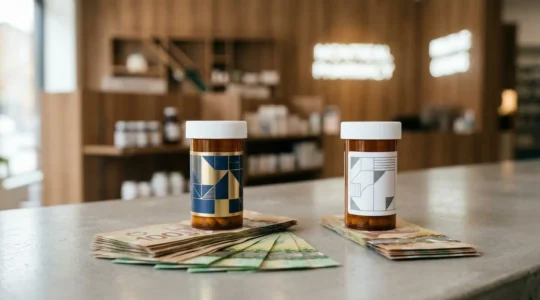 Editorial photograph comparing brand name and generic medications with Canadian pharmacy context