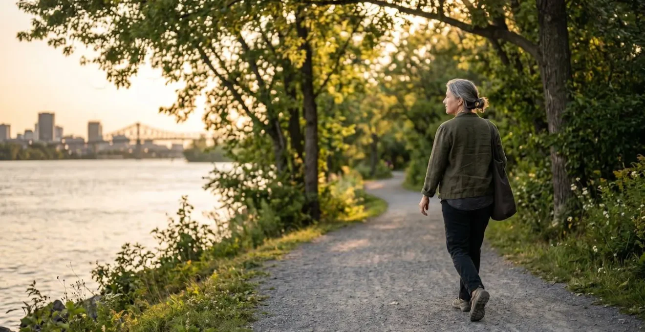 Person walking peacefully along tree-lined path with water view in urban setting