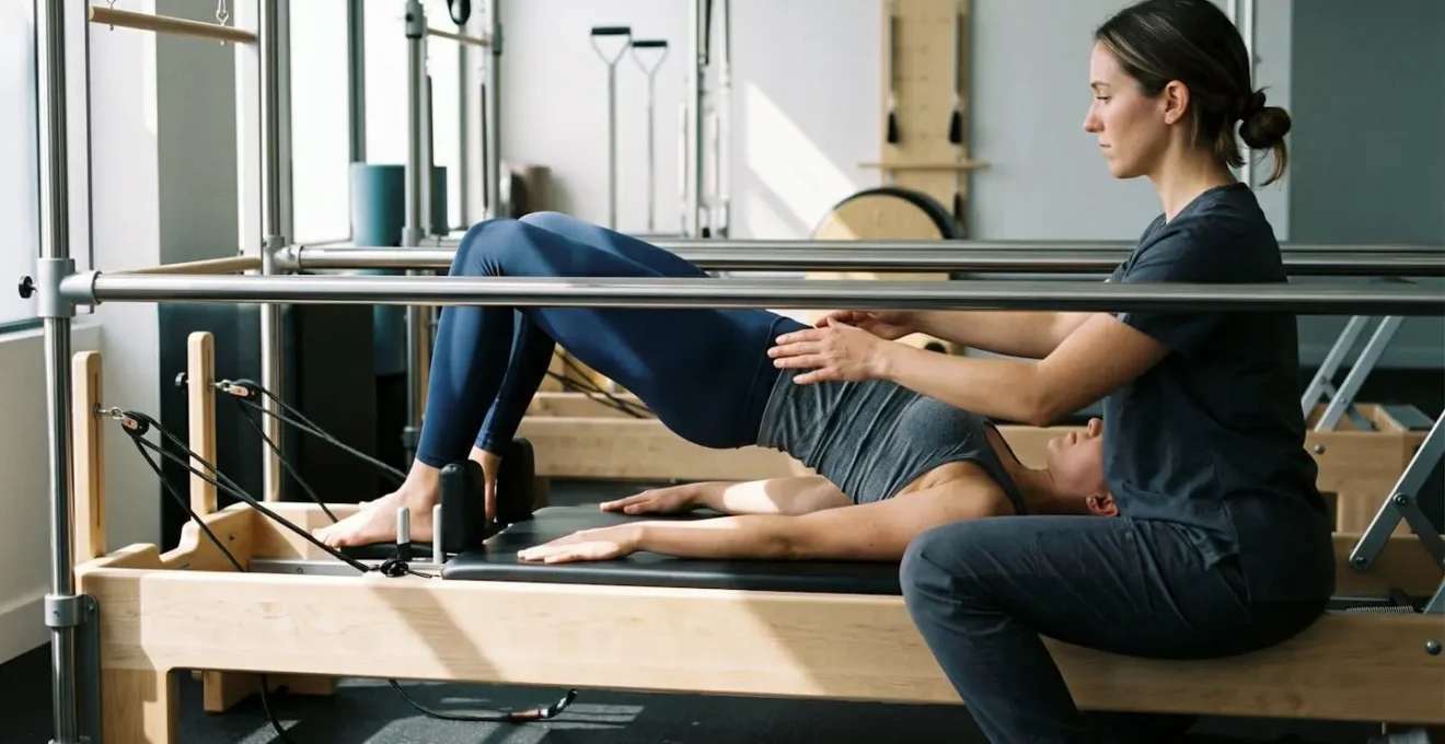 Wide shot of clinical pilates session with physiotherapist guidance in Montreal clinic