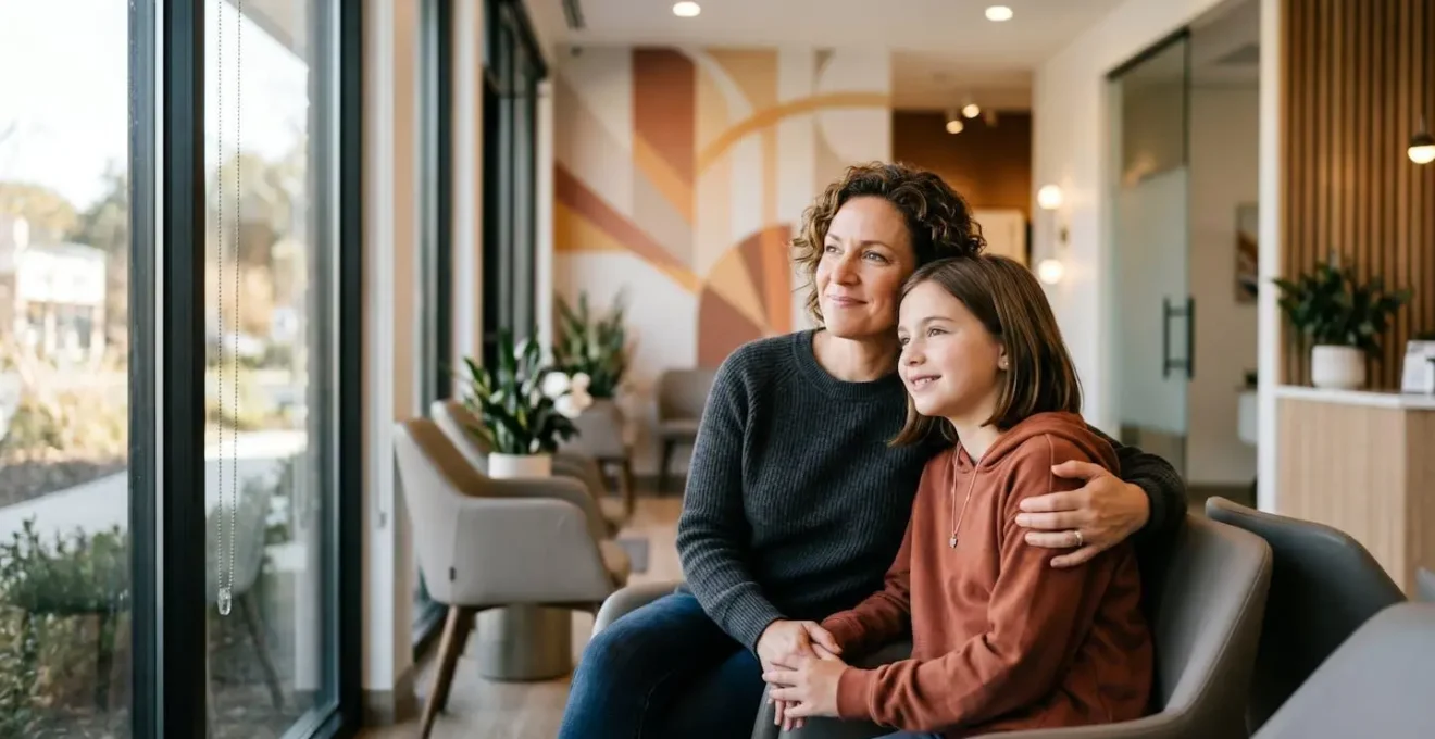 Parent and child discussing orthodontic treatment plans in dental office waiting area